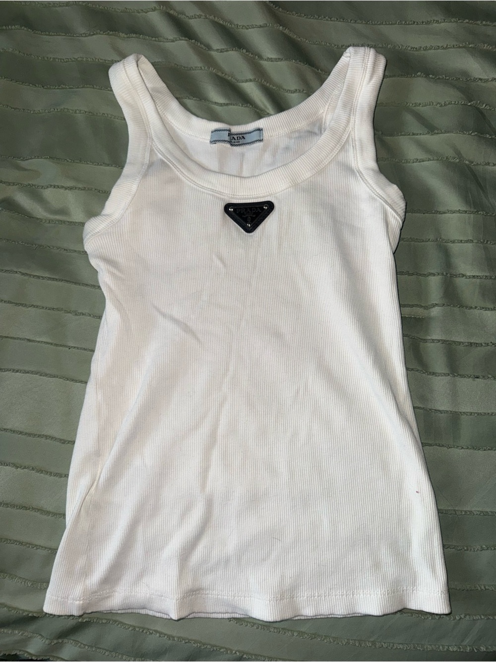 Prada White Ribbed Tank with Black Logo